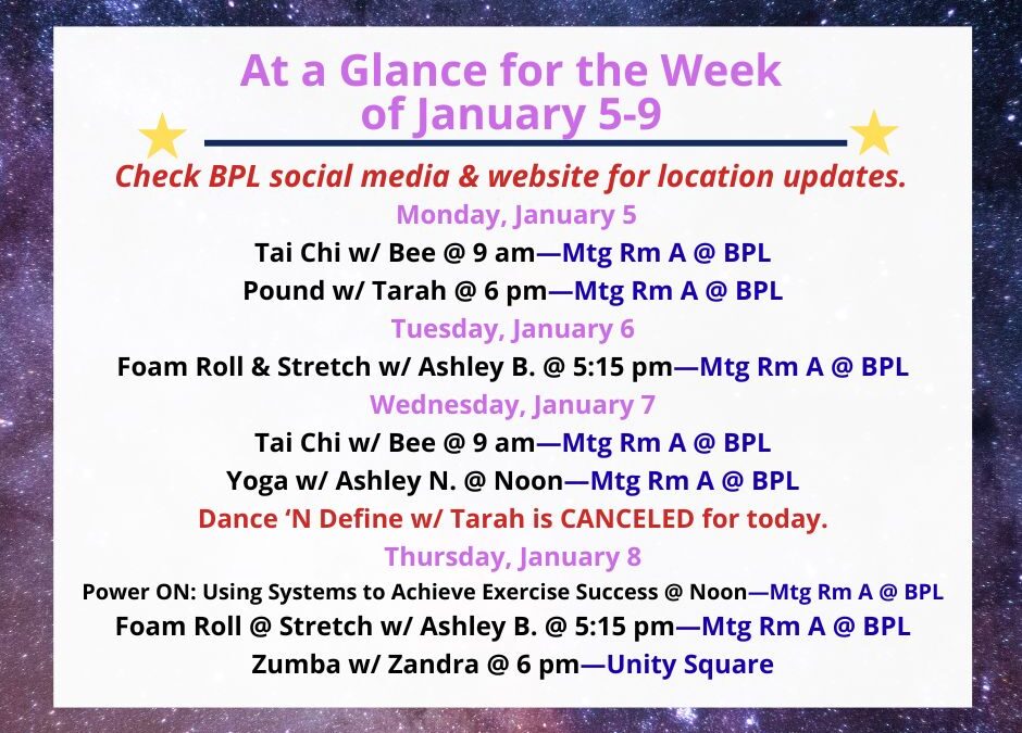 Health, Fitness, & Wellness At a Glance for the Week of January 5-9