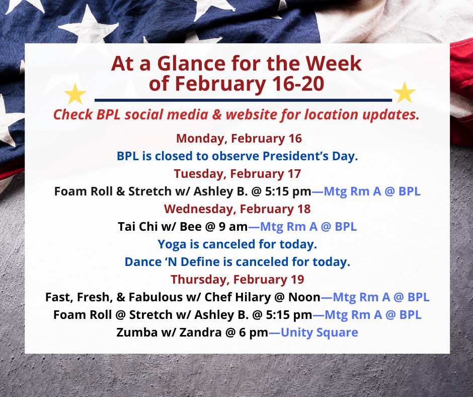 Health, Fitness, & Wellness At a Glance for the Week of February 16-20