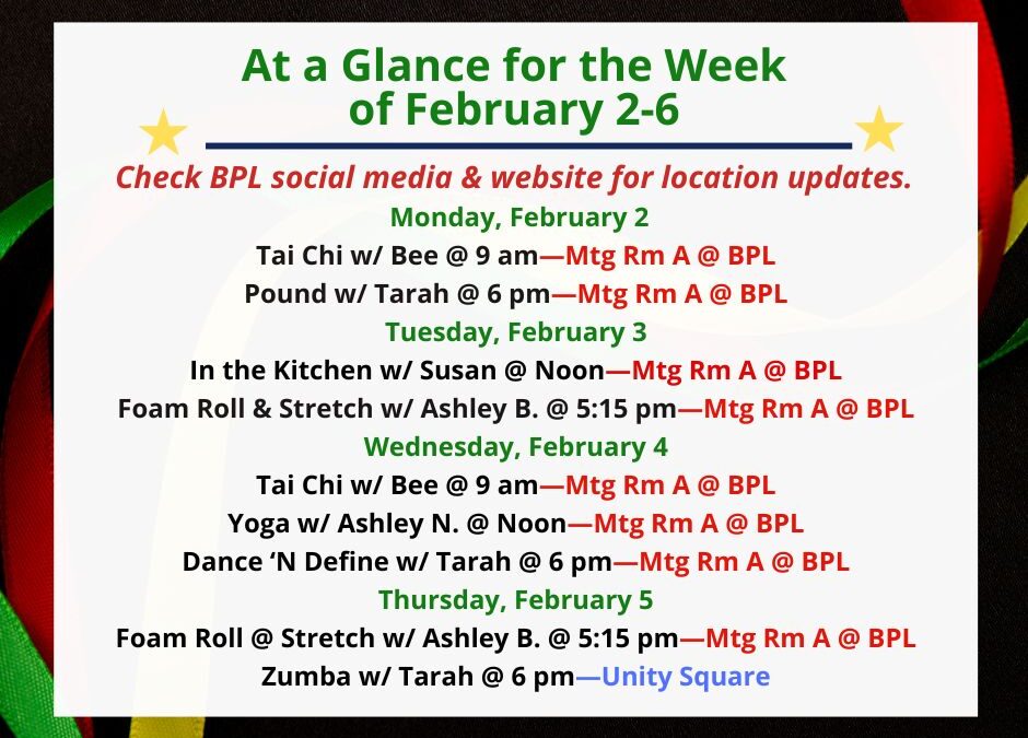 Health, Fitness, & Wellness At a Glance for the Week of February 2-6