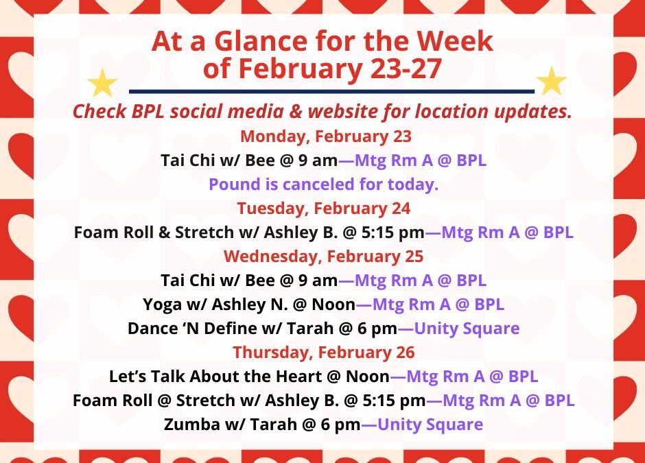 Health, Fitness, & Wellness At a Glance for the Week of February 23-27