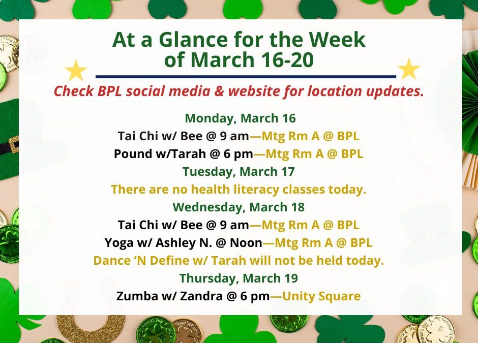 Health, Fitness, & Wellness At a Glance for the Week of March 16-20