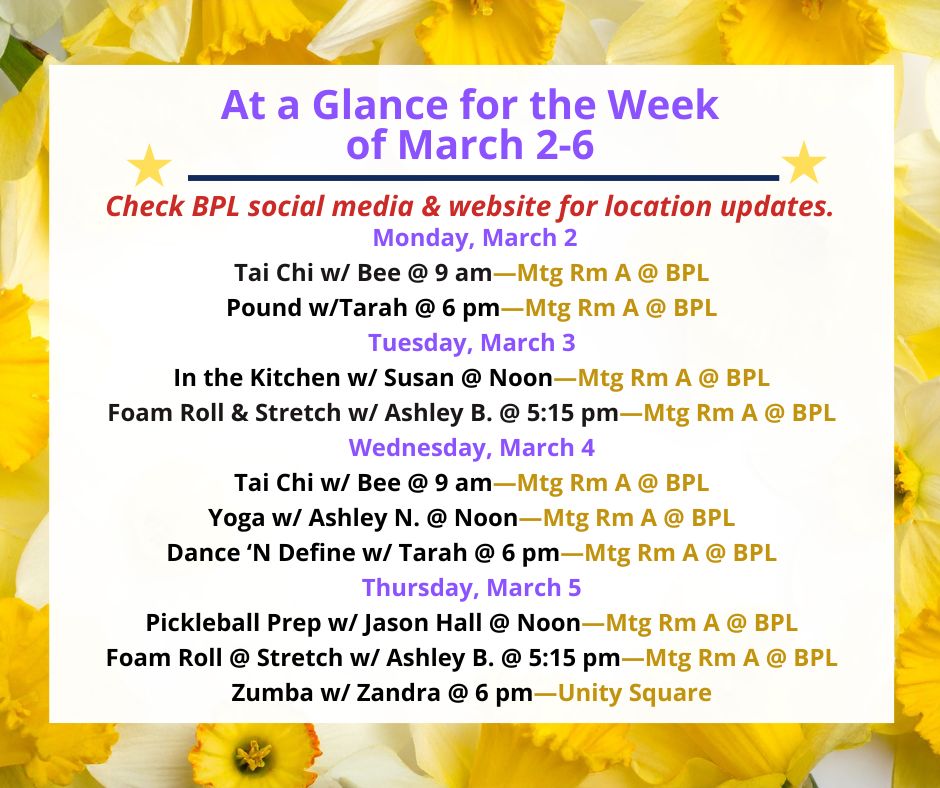 Health, Fitness, & Wellness At a Glance for the Week of March 2-6