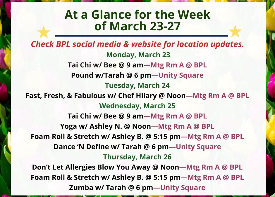Health, Fitness, & Wellness At a Glance for the Week of March 23-27