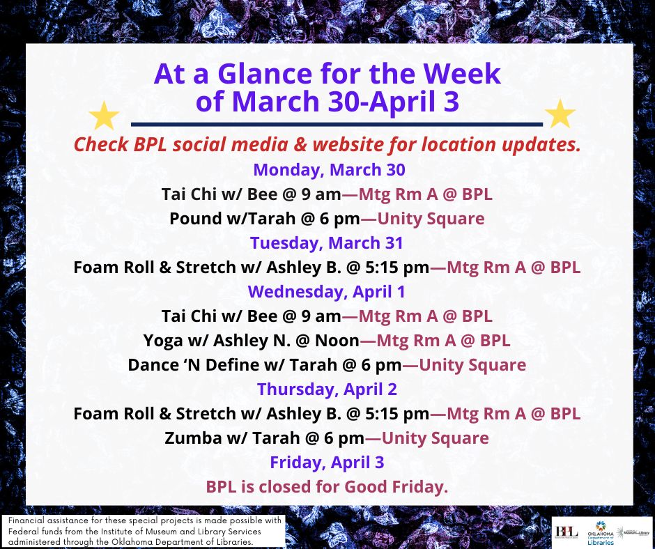 Health, Fitness, & Wellness At a Glance for the Week of March 30-April 3