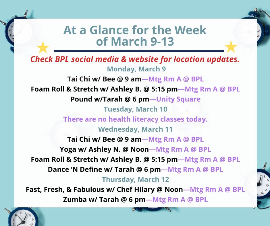 Health, Fitness, & Wellness At a Glance for the Week of March 9-13