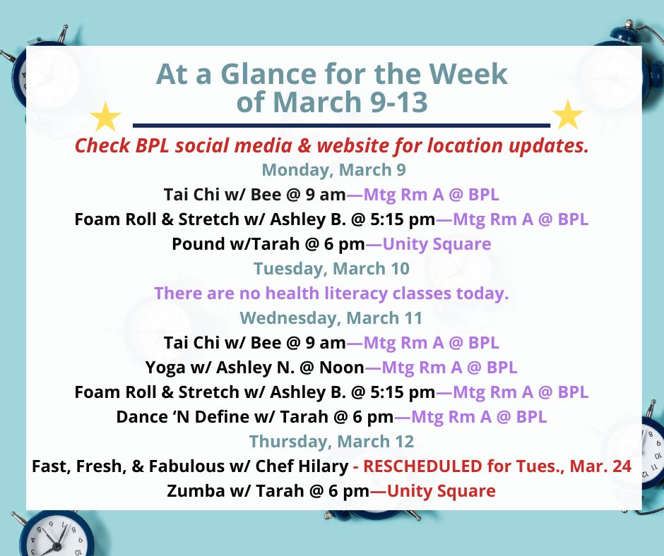Health, Fitness, & Wellness At a Glance for the Week of March 9-13