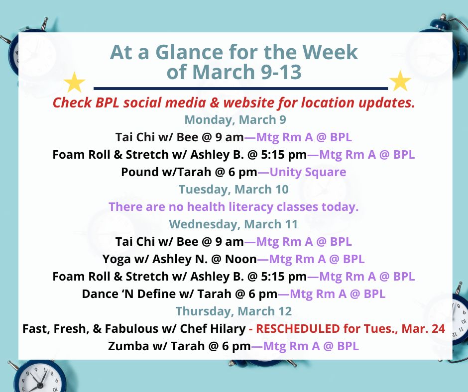 Health, Fitness, & Wellness At a Glance for the Week of March 9-13