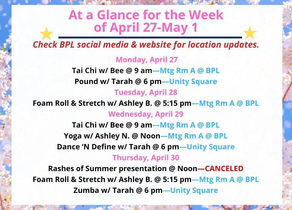 Health, Fitness, & Wellness At a Glance for the Week of April 27-May 1