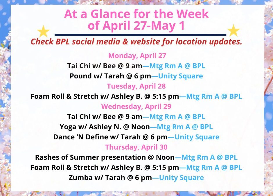 Health, Fitness, & Wellness At a Glance for the Week of April 27-May 1