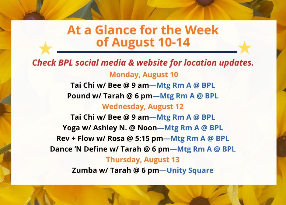 Health, Fitness, & Wellness At a Glance for the Week of August 10-14