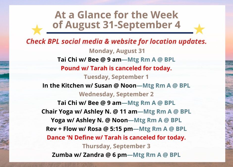 Health, Fitness, & Wellness At a Glance for the Week of August 31-September 4