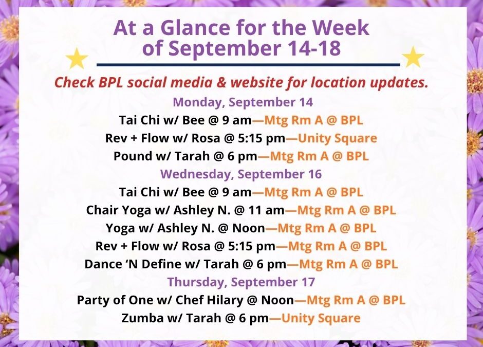 Health, Fitness, & Wellness At a Glance for the Week of September 14-18