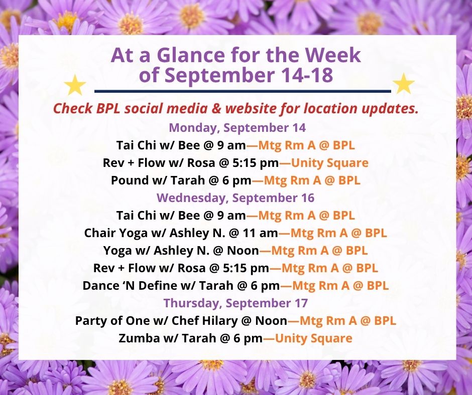 Health, Fitness, & Wellness At a Glance for the Week of September 14-18
