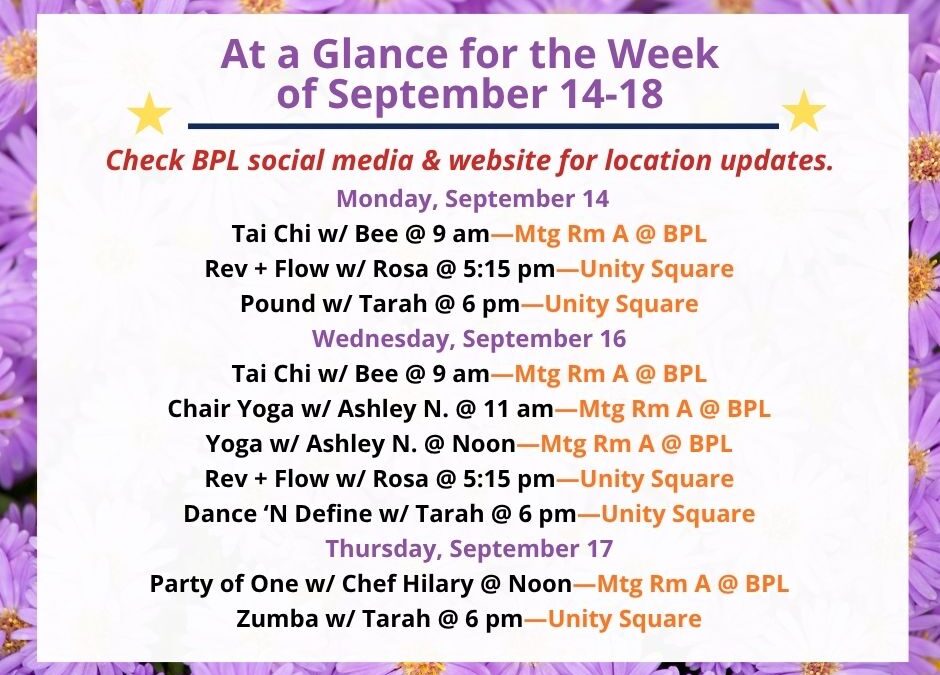 Health, Fitness, & Wellness At a Glance for the Week of September 14-18
