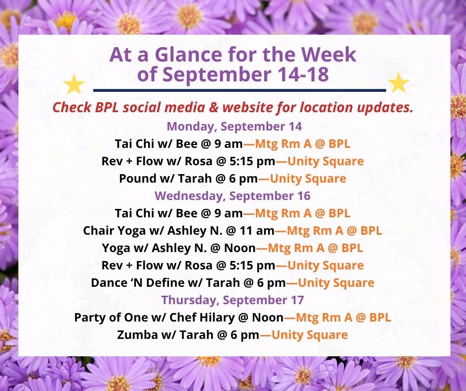 Health, Fitness, & Wellness At a Glance for the Week of September 14-18