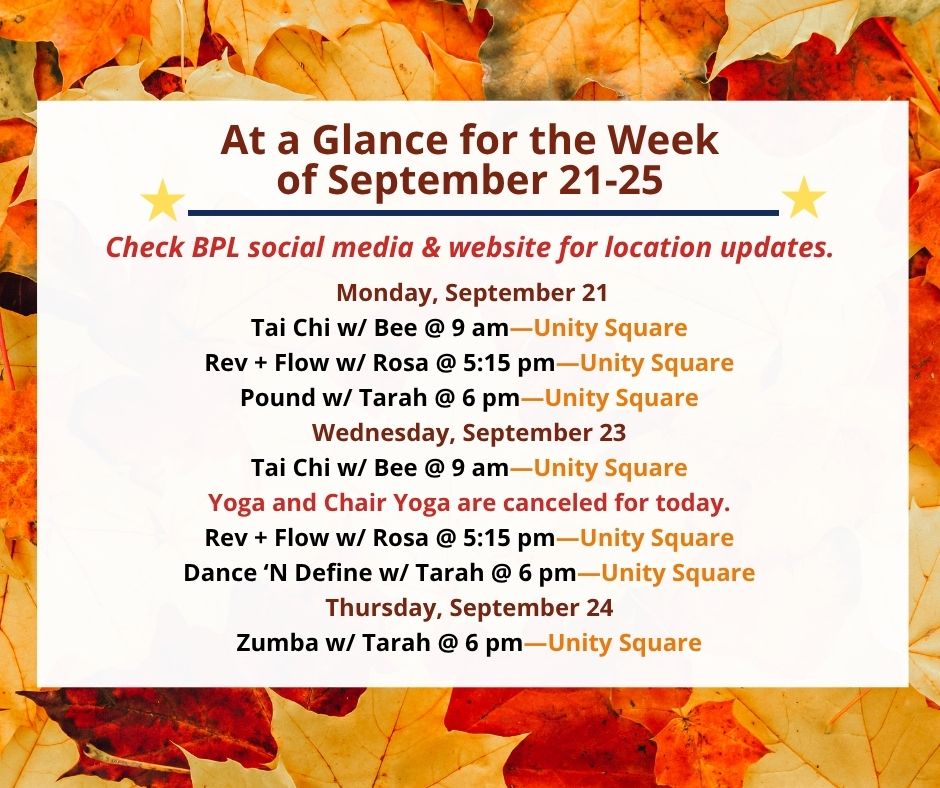 Health, Fitness, & Wellness At a Glance for the Week of September 21-25