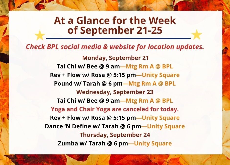 Health, Fitness, & Wellness At a Glance for the Week of September 21-25
