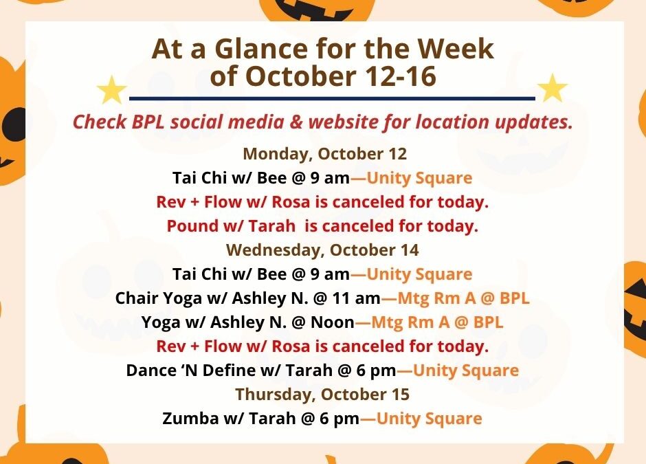 Health, Fitness, & Wellness At a Glance for the Week of October 12-16