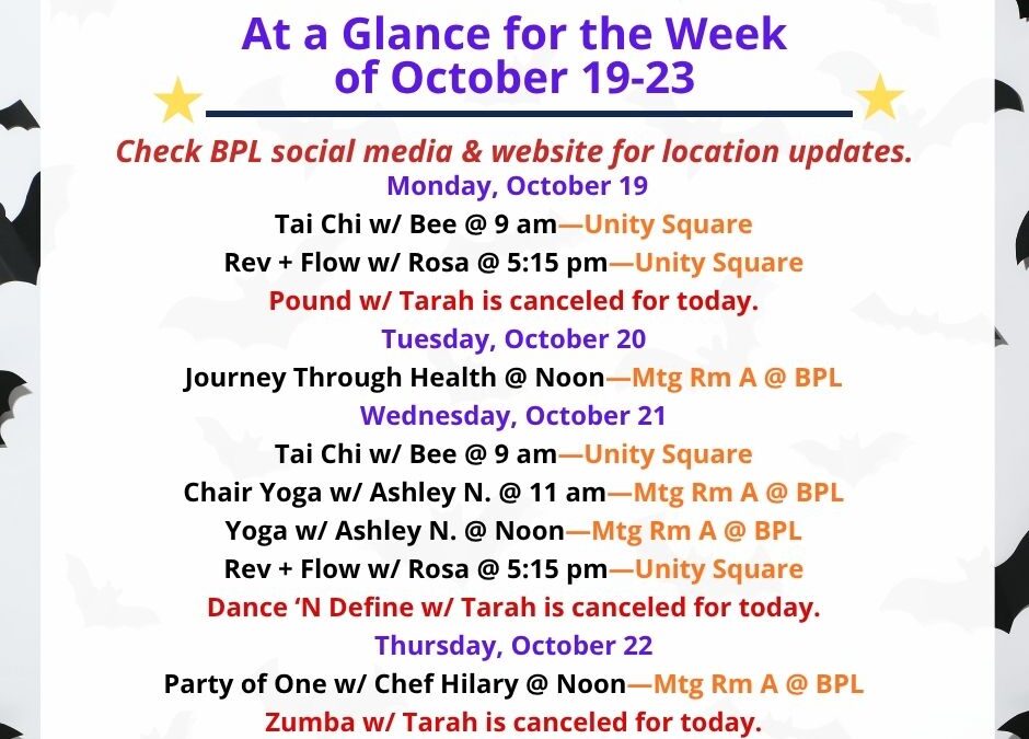 Health, Fitness, & Wellness At a Glance for the Week of October 19-23