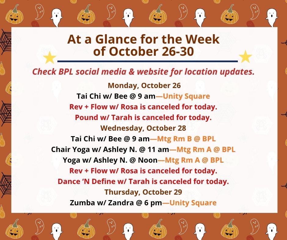 Health, Fitness, & Wellness At a Glance for the Week of October 26-30
